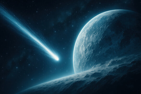 Blue planet with comet in the background. - Powered by Adobe