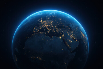 Obraz premium Dazzling city lights and dark oceans shine on Earth in the night.