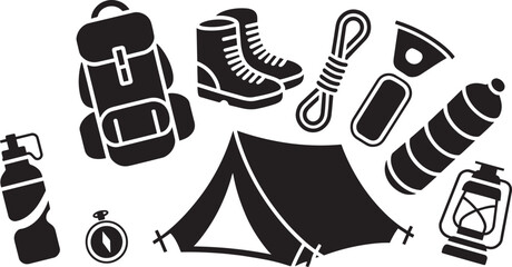 Black And White Camping Gear Icons Backpack Boots Tent Rope Compass Water Bottle Gas Canister Lantern