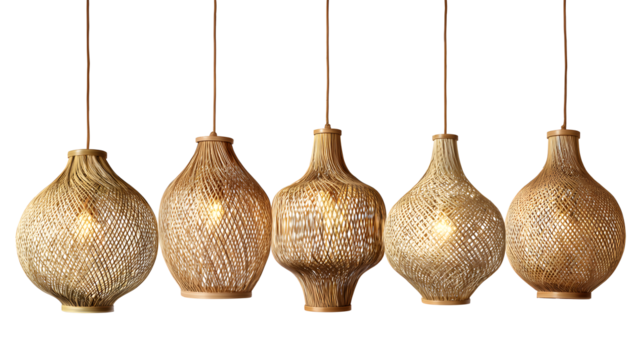 Five Woven Bamboo Pendant Lamps isolated on a transparent background