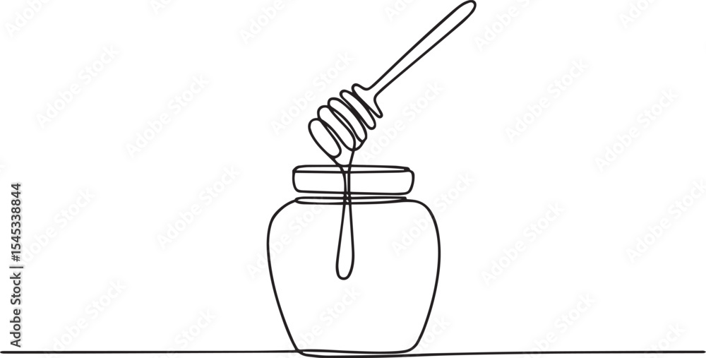 Poster single-line drawing of a honey jar with dipper in continuous line art style on white background