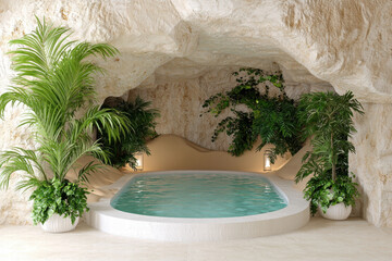 Obraz premium Indoor pool with natural stone cave walls and lush green plants creating serene and refreshing atmosphere