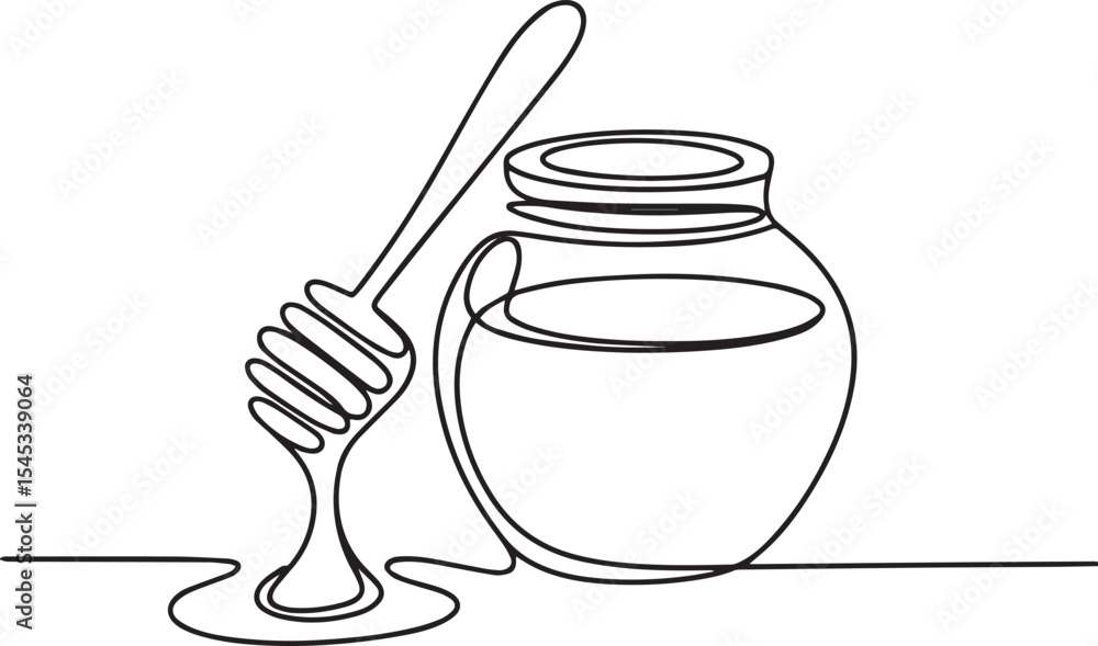 Poster single-line drawing of a honey jar with dipper in continuous line art style on white background