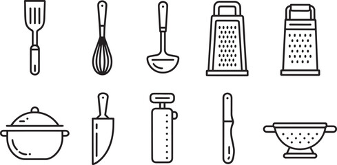 Black and White Line Art Kitchen Utensil Icons Set Spatula Whisk Ladle Grater Pot Knife Colander vector