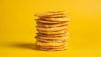 Stack of Fried Plantain Chips Yellow Background tostones