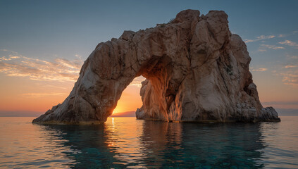 Natural Rock Arch over Clear Sea at Sunset

