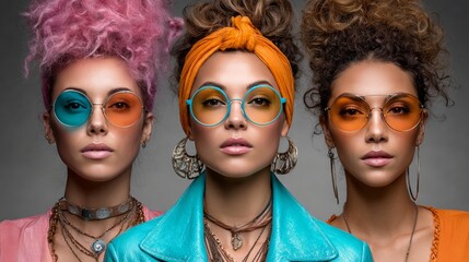 Three women with colorful hair and glasses are posing for a photo. The women are wearing bright colored glasses and necklaces, and they are all wearing orange and blue outfits. The photo has a fun