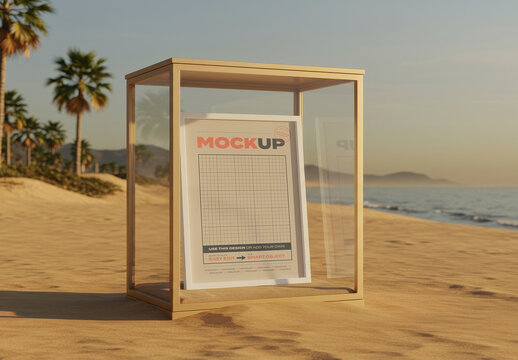 Frame Poster Mockup on Glass Case on the Beach Scene