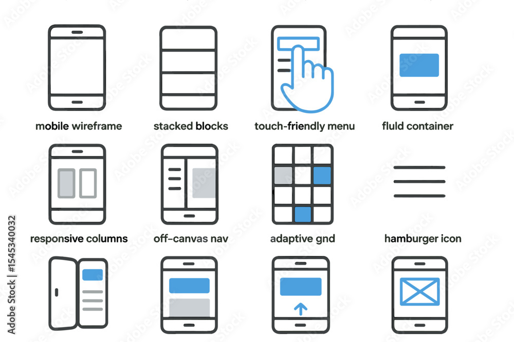 Poster mobile ui design elements with touch-friendly menu and adaptive navigation grid