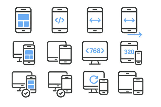 Responsive design icons: mobile and desktop layouts for screen adaptability
