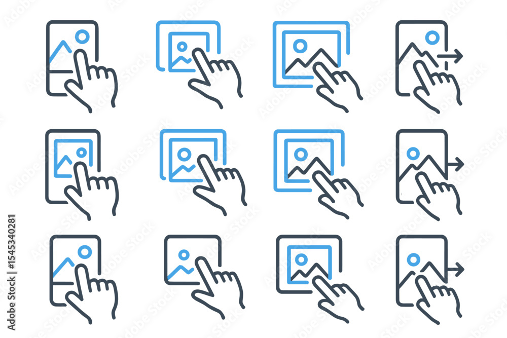 Poster digital interface icons with hand gestures for touchscreen navigation