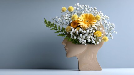 Vase with flowers in it is placed on a table. The flowers are yellow and white, and the vase is shaped like a head. Concept of creativity and artistic expression