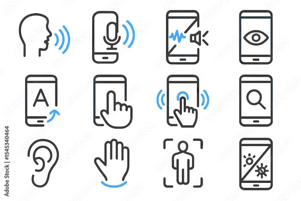Aufkleber icon set illustrating smartphone accessibility features and user interaction