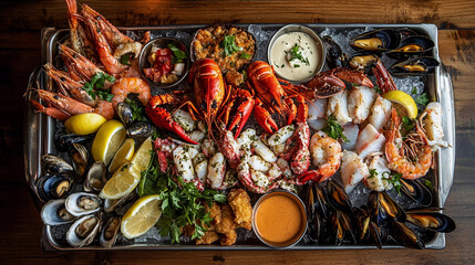 Top view of variety of seafood in tray, sea food buffet
