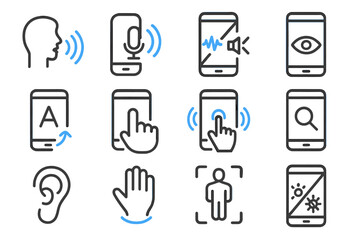 Icon set illustrating smartphone accessibility features and user interaction
