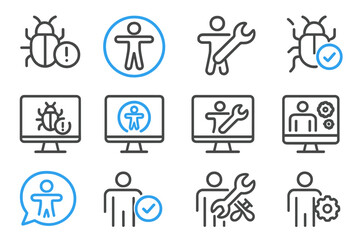 Fototapeta na wymiar Glow effect icons of people and tools with bug symbols