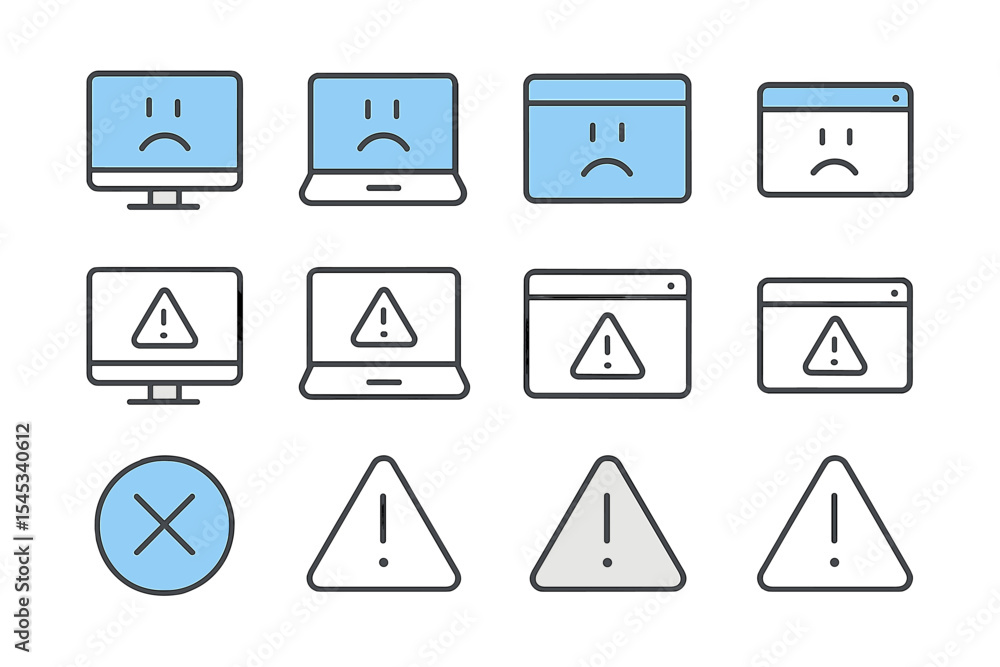 Poster error and warning icons set on gradient background