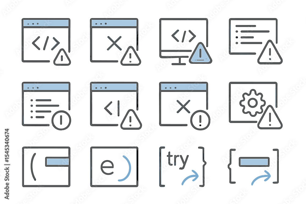 Poster blue and gray code icon set with alerts and warnings on metallic background