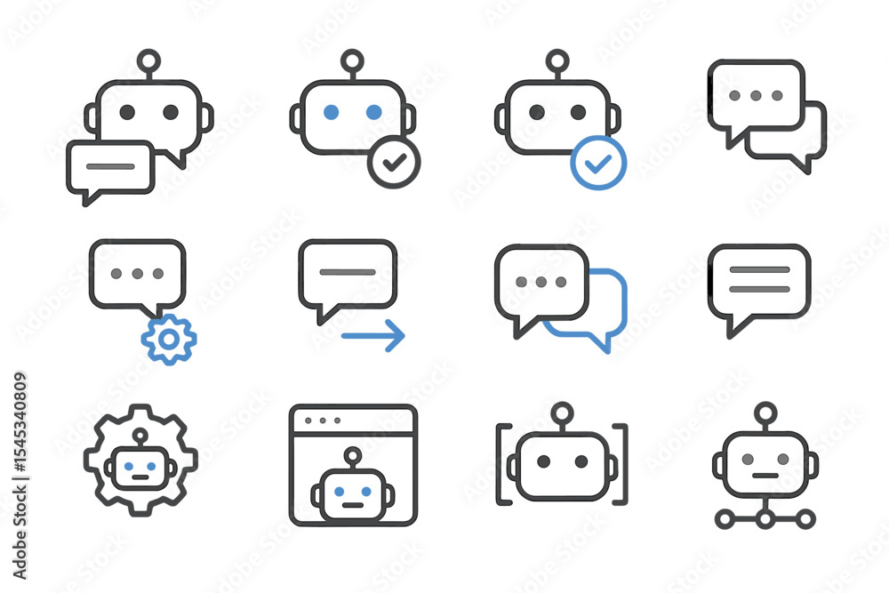 Poster chatbot interface elements with speech bubbles and robot icons on dark background
