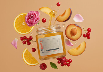Honey Jar and Fruits Flowers Label Mockup