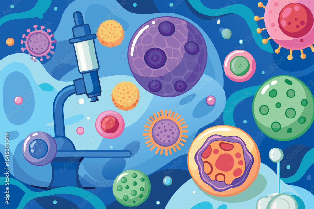Poster colorful depiction of microbes and cells in space with a microscope