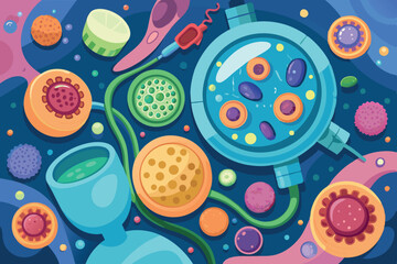 Naklejka premium Colorful illustration of microbes and cells in a scientific exploration setting