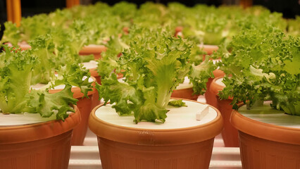 Smart vertical farm. Modern vertical farm with fresh lettuce and greens growing under LED lights....