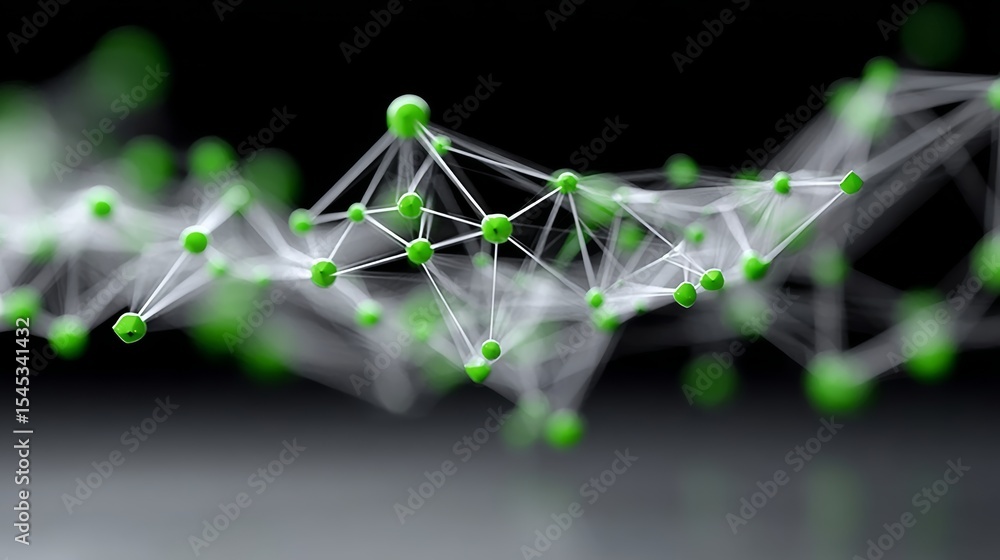 Poster series of green spheres are connected to each other in a web-like pattern. concept of complexity and