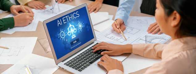 AI ethics responsibility standard law and rules on computer screen provide report of AI ethic...