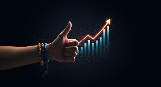 Una mano que da un gesto de los pulgares junto a un gr&aacute;fico digital que representa el crecimiento, iluminado con luces naranjas en un entorno futurista.