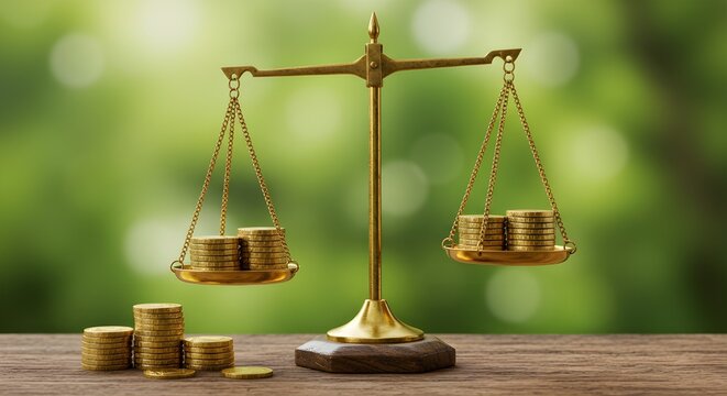 Balance de monedas: una imagen que representa monedas equilibradas en una escala o balancea, simbolizando el equilibrio financiero, la equidad o la distribuci&oacute;n de riqueza.