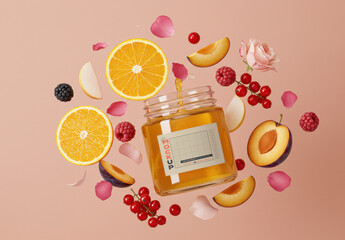 Honey Packaging Jar Label Mockup with Fruits and Flowers