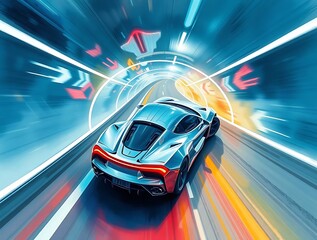 Futuristic car speeding through a tunnel