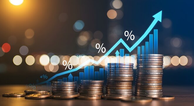 Un mont&oacute;n de monedas de dinero con la tabla de mercado y el mercado de valores para la banca financiera aumenta la tasa de inter&eacute;s o el dividendo de inversi&oacute;n hipotecaria del concepto de crecimiento e
