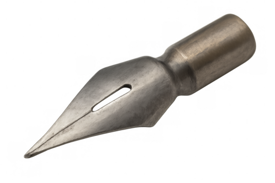 Vintage metal pen nib gleaming, representing traditional writing tool against transparent backdrop