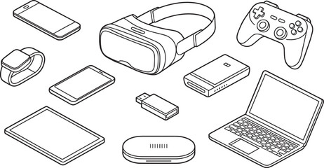 Isometric Line Art Illustration of Modern Gadgets Smartwatch Smartphone Tablet Laptop V R Headset Game