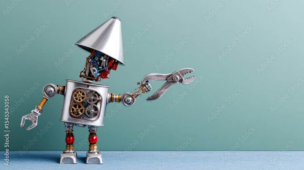 Poster robot is holding a pair of scissors and standing on a blue background. the robot's design is old-fas