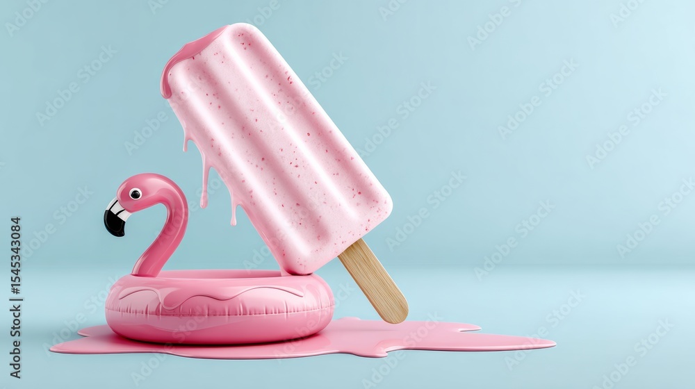 Poster pink ice cream cone with a flamingo on top of a pink inflatable pool. the flamingo is dripping pink 