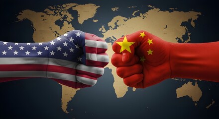 Puños con las banderas de Estados Unidos y China se enfrentan con el mapa mundial: simbolizando el conflicto internacional, las tensiones geopolíticas y las luchas económicas y políticas entre dos sup