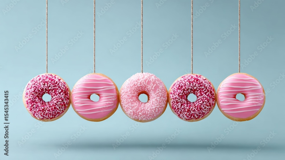 Aufkleber row of five donuts hanging from a string, with one of them being pink. the donuts are all different 