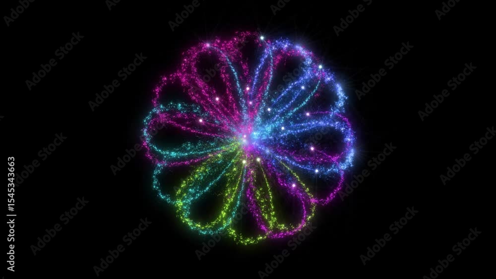 Poster colorful sparkling particle trails form looping circular shapes, luminous glitter trails forming a f