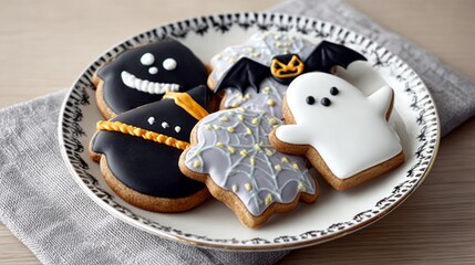 Naklejka premium Plate of Halloween cookies with a spider web design. The cookies are decorated with black and white icing and are placed on a table