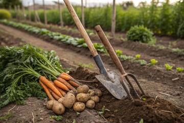 Fototapeta premium Organic Harvest: Gardening Essentials and Vegetables 
