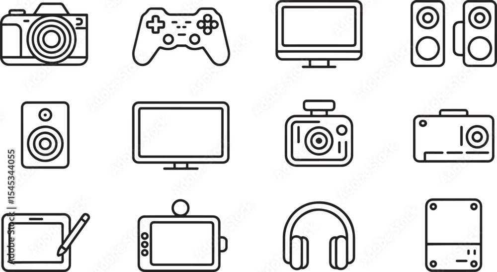 Poster twelve black outline icons of electronic devices including camera game controller computer monitor s