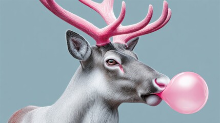 Deer with pink antlers is blowing a bubblegum bubble. The image is playful and whimsical, with the pink antlers adding a touch of humor to the scene