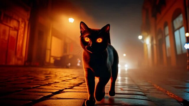 Black cat with glowing yellow eyes sitting on a cobblestone path under a streetlamp at night, creating a spooky Halloween atmosphere with dramatic lighting