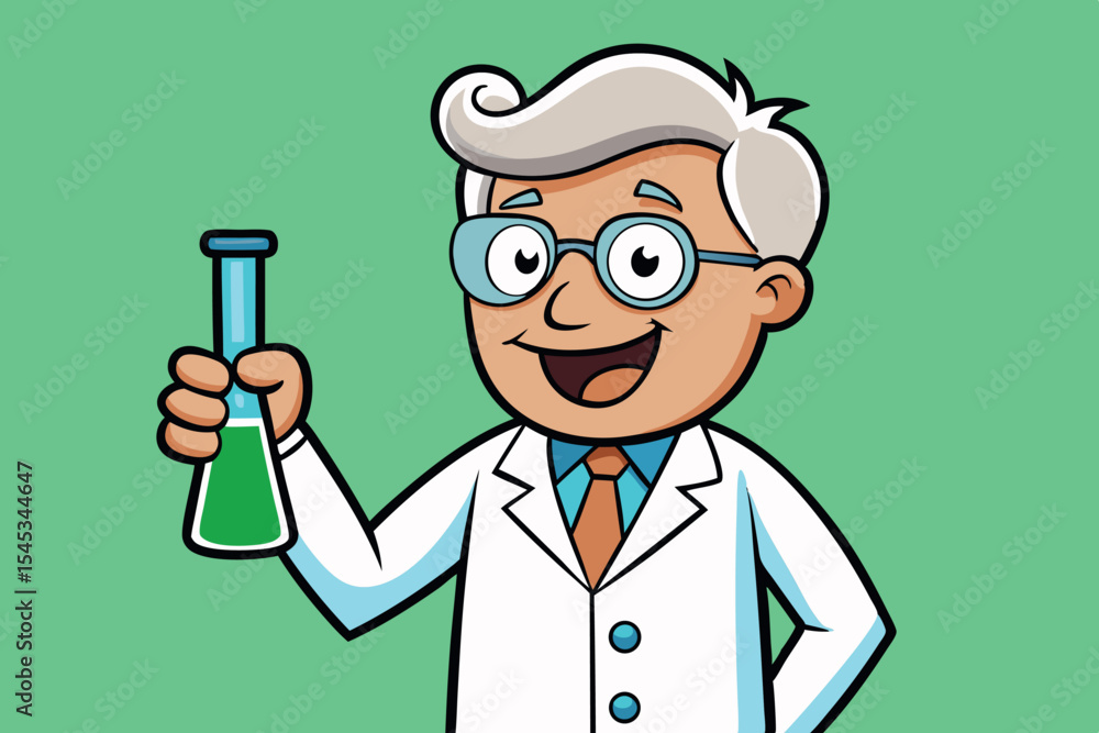 Poster cheerful scientist holding a green flask in laboratory setting