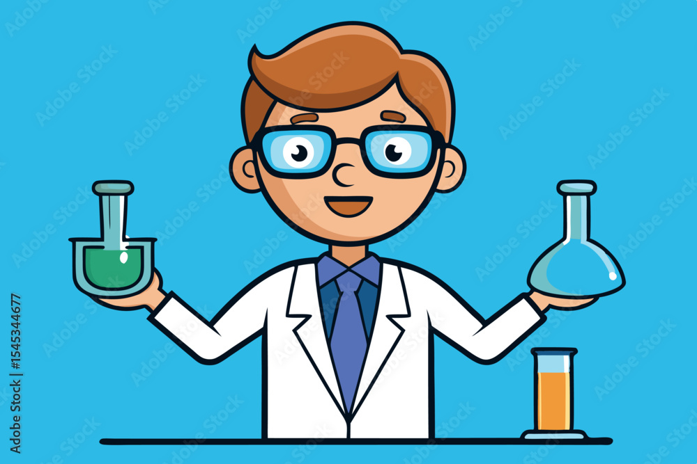 Poster young scientist conducts experiments with colorful liquids in laboratory setting