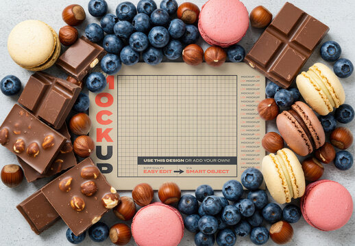 Horizontal Page Poster Mockup with Chocolate and Blueberries