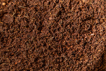 Close up of rich organic soil texture or peat moss, natural compost background for gardening, farming, agriculture, plant growth, landscaping, eco friendly horticulture, or potting mix 